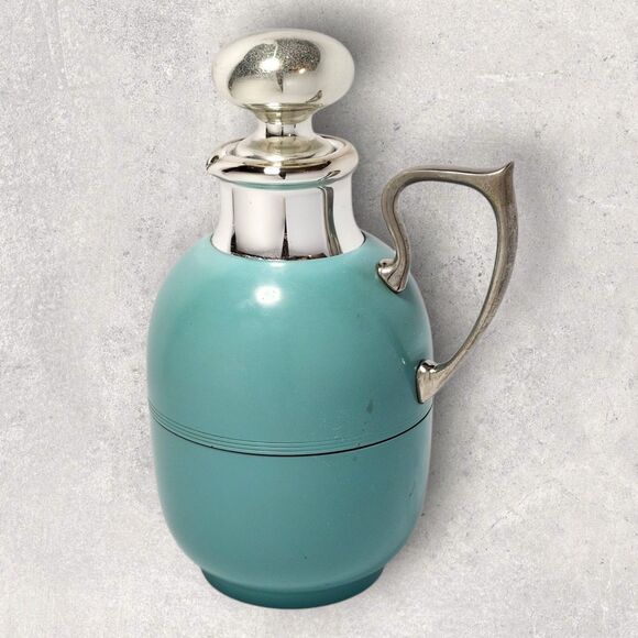 Vintage Manning Bowman Art Deco Turquoise Thermos & Tray w/ Glass Stopper Chrome - Picture 7 of 16